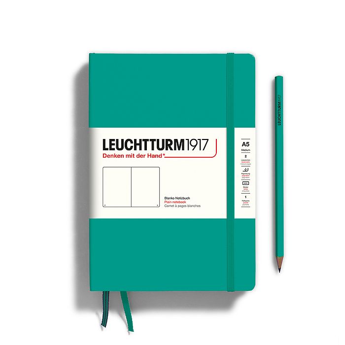 Notebook Medium (A5) Hardcover, 249 numbered pages, plain, emerald