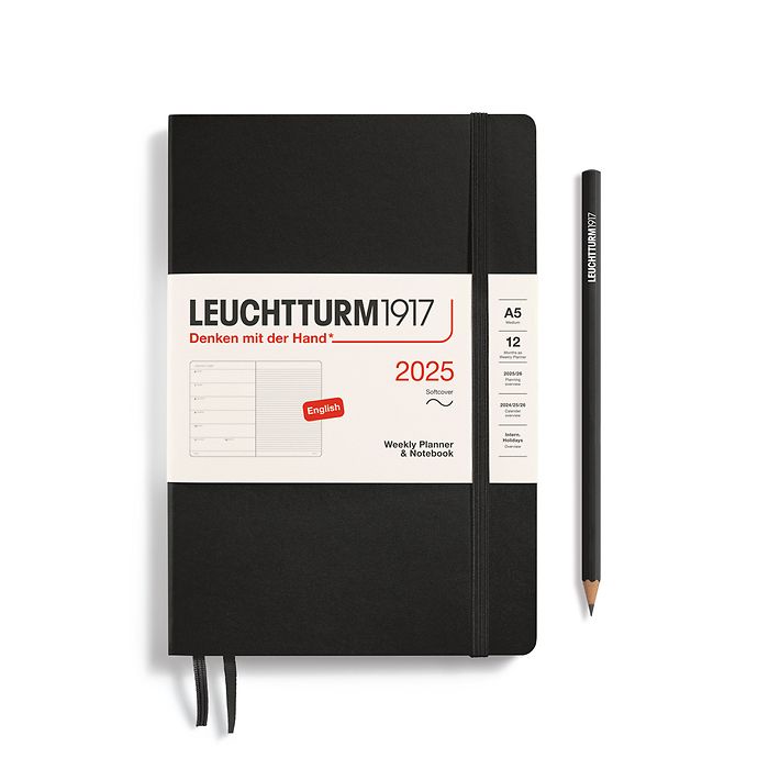 Weekly Planner & Notebook Medium (A5) 2025, Softcover, Black, English