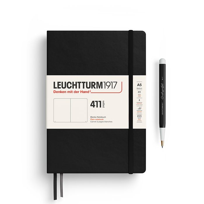 Notebook Medium (A5), Hardcover, 411 numbered pages, Black, Plain