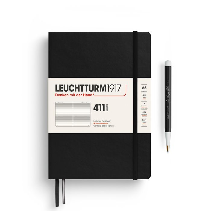 Notebook Medium (A5), Hardcover, 411 numbered pages, Black, Ruled